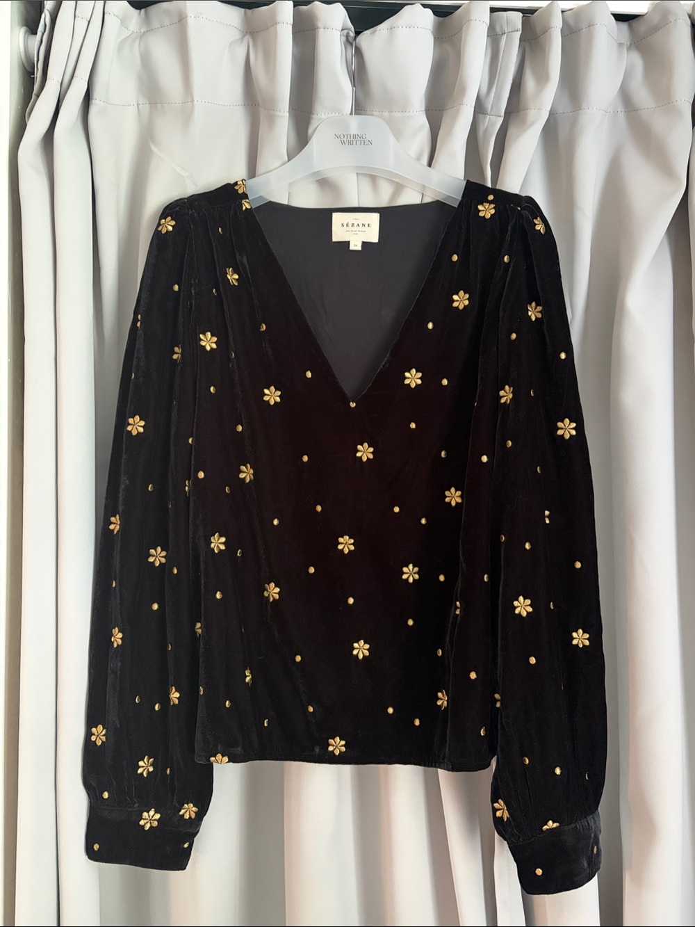 Sezane Black Velvet V-Neck Blouse with Gold Floral Accents